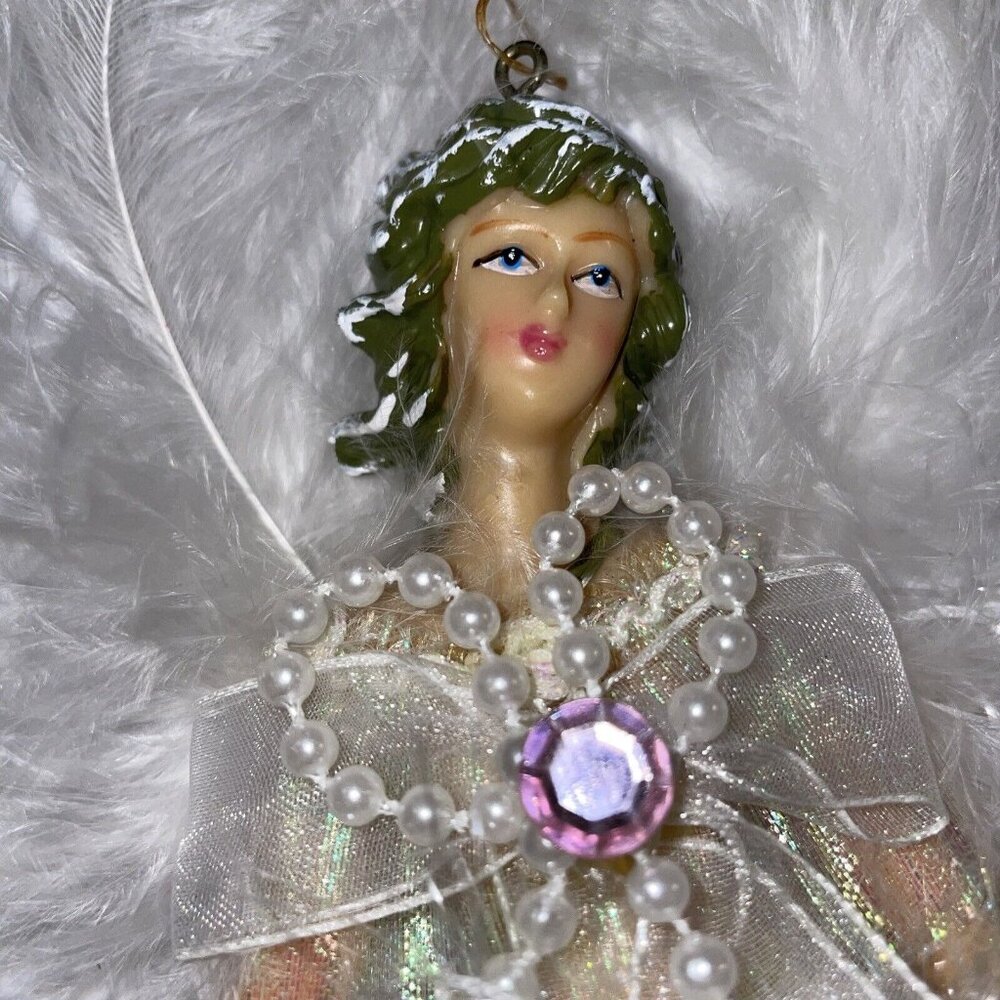 February Amethyst Rhinestone Birthstone Angel Christmas Ornament Feathers Fluffy